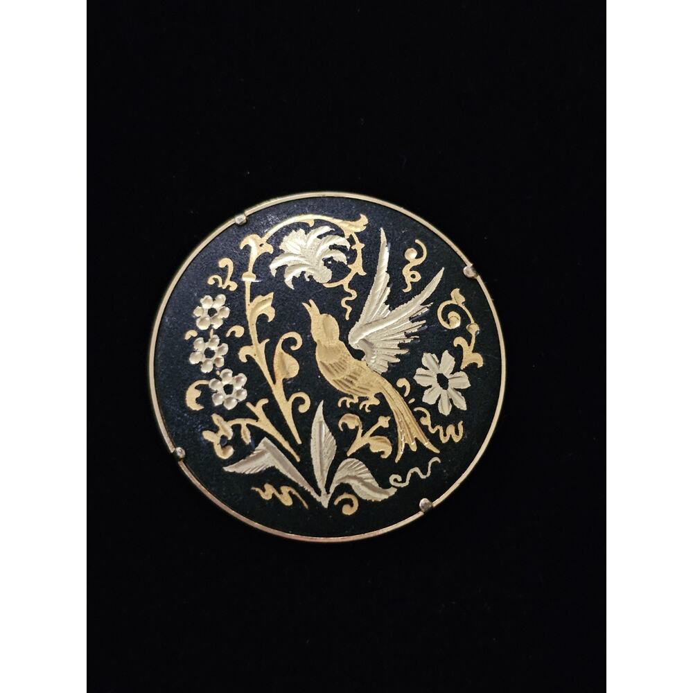 Vintage Damascene Toledo Gold Spain Round Bird Trombone Clasp Brooch